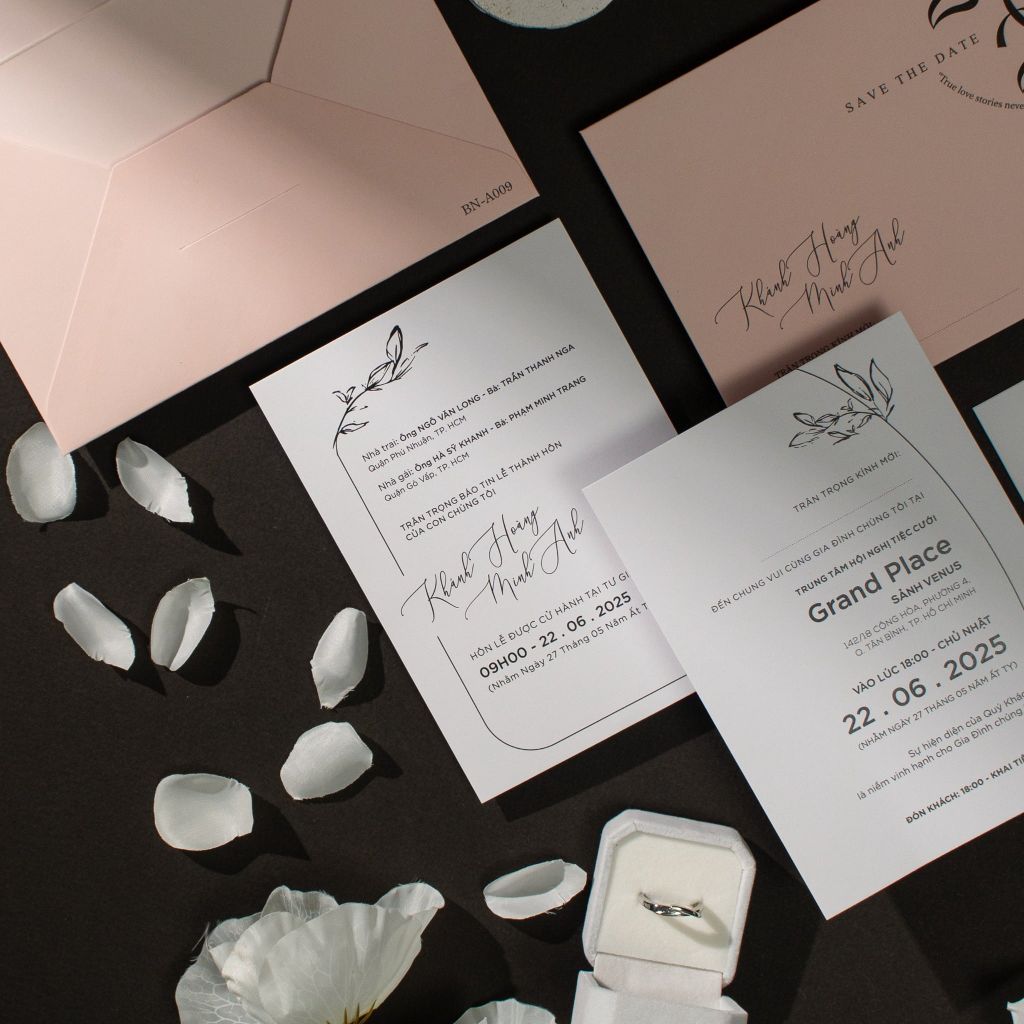 Thiệp Cưới Hồng Pastel Nét Chấm Phá Tối Giản Cho Ngày Chung Đôi - BN -A009