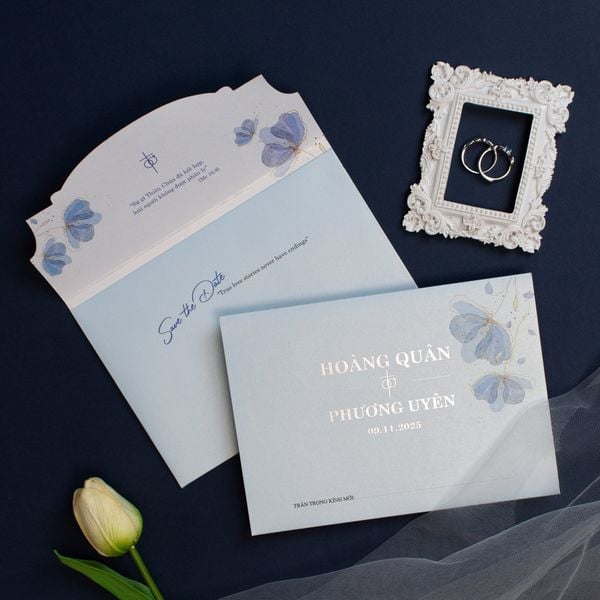 Thiệp Cưới Công Giáo 3 In 1 Xanh Da Trời Hoa Màu Nước – 2026