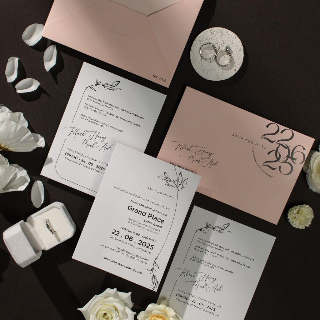 Thiệp Cưới Hồng Pastel Nét Chấm Phá Tối Giản Cho Ngày Chung Đôi - BN -A009