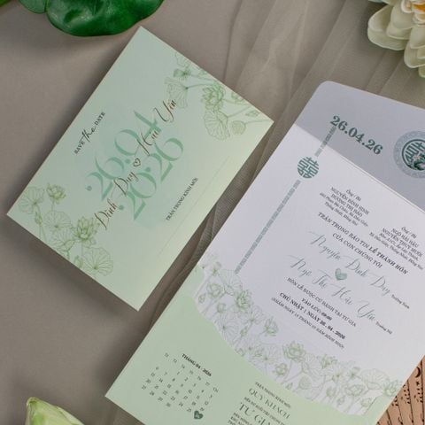 Thiệp Cưới 3 In 1 Xanh Pastel Hoa Sen – Nét Giao Thoa Truyền Thống & Hiện Đại