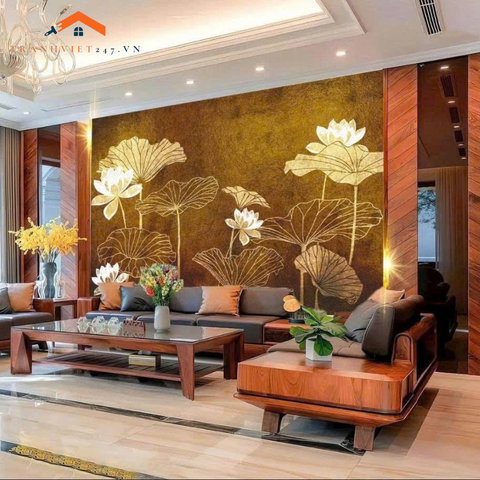 Tranh Dán Tường Sơn Thủy Hoa Đào 3D – Tranh Dán Tường Phong Cách Á Đông Sang Trọng