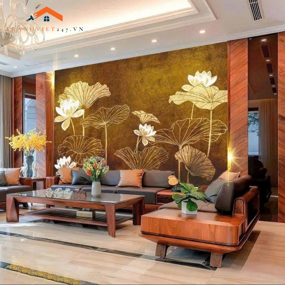 Tranh Dán Tường Sơn Thủy Ánh Kim Viên Nguyệt – Tranh Trang Trí Sảnh & Phòng Khách Phong Cách Á Đông Cao Cấp
