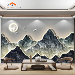 Tranh dán tường 3D sơn thủy có hiệu ứng LED viền, tạo chiều sâu + ánh sáng, mang cảm giác yên – sang – thư giãn.