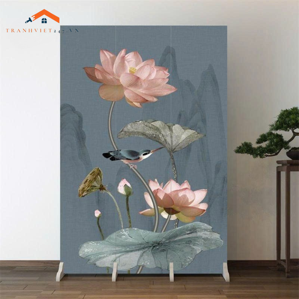 Vách Ngăn Vải Gấp Gọn Hoa Sen Trắng Hồng Trang Trí Phòng Ngủ – Mẫu A111 Sang Trọng, Thanh Lịch