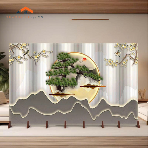 Bình Phong Sơn Thủy Tùng Hạc Ánh Nguyệt – Vách Ngăn Trang Trí Phong Cách Á Đông Cao Cấp