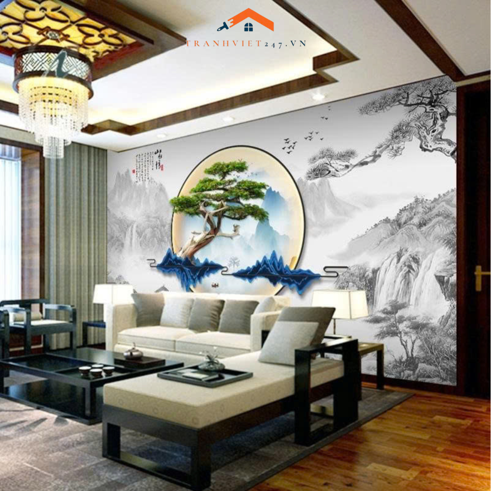 Tranh Dán Tường Sơn Thủy Hươu Tùng Viên Nguyệt – Tranh Phong Thủy Phòng Khách Phong Cách Á Đông