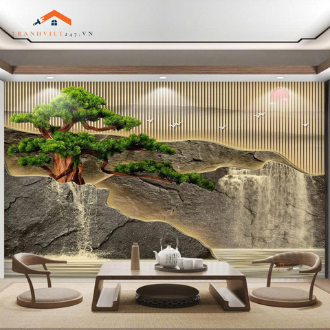 Tranh Dán Tường 3D Sơn Thủy Hữu Tình – Trang Trí Phòng Khách Hiện Đại