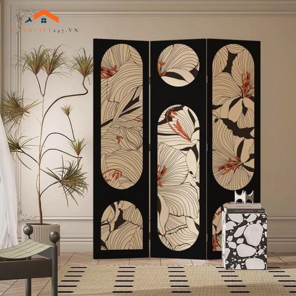Vách Ngăn Trang Trí Nghệ Thuật Hoa Lá Trừu Tượng Màu Đen Be – Mẫu Hiện Đại Sang Trọng