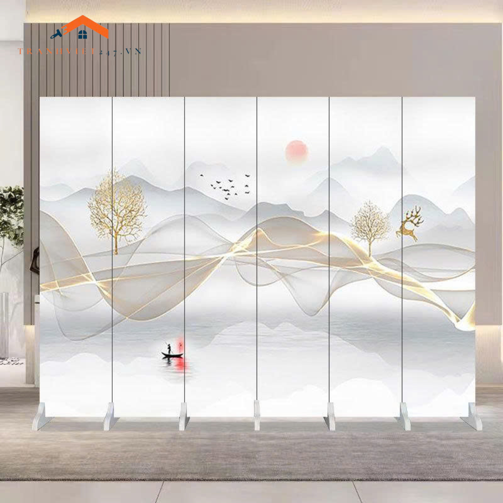 Bình Phong Sơn Thủy Trừu Tượng Ánh Kim – Vách Ngăn Trang Trí Hiện Đại Phong Cách Á Đông