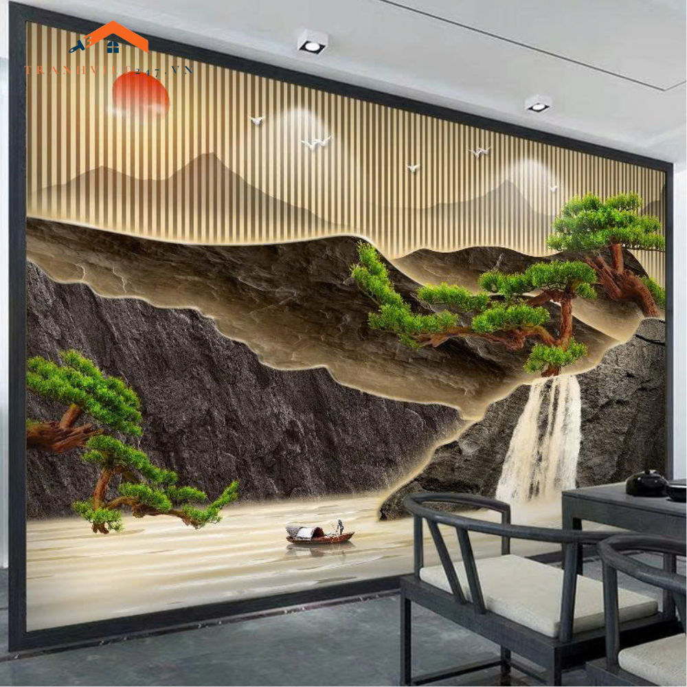 Tranh Dán Tường 3D Sơn Thủy Hữu Tình – Trang Trí Phòng Khách Hiện Đại