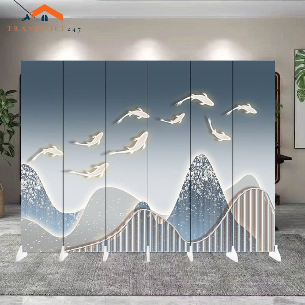 Vách ngăn bình phong hoạ tiết huơu phú quý  khung gỗ bọc vải canvas-Tranhviet247