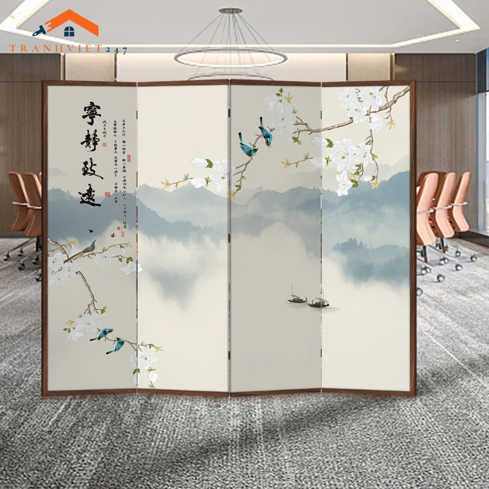Bộ 4 tấm vách ngăn bình phong hoạ tiết hoa và chim in 2mặt -Tranhviet247