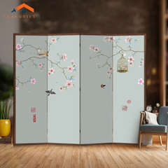 Bộ 4 tấm vách ngăn bình phong hoạ tiết hoa và chim in 2mặt -Tranhviet247