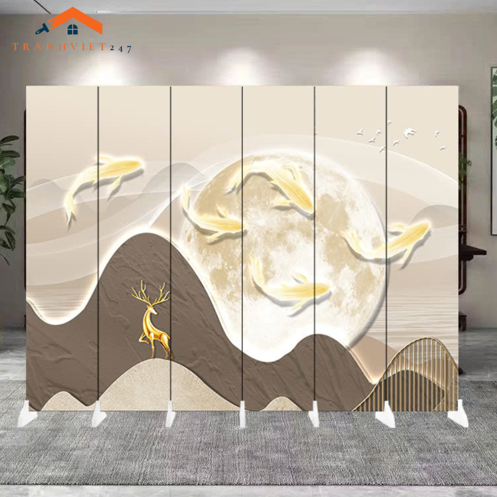 Vách ngăn bình phong hoạ tiết huơu phú quý  khung gỗ bọc vải canvas-Tranhviet247