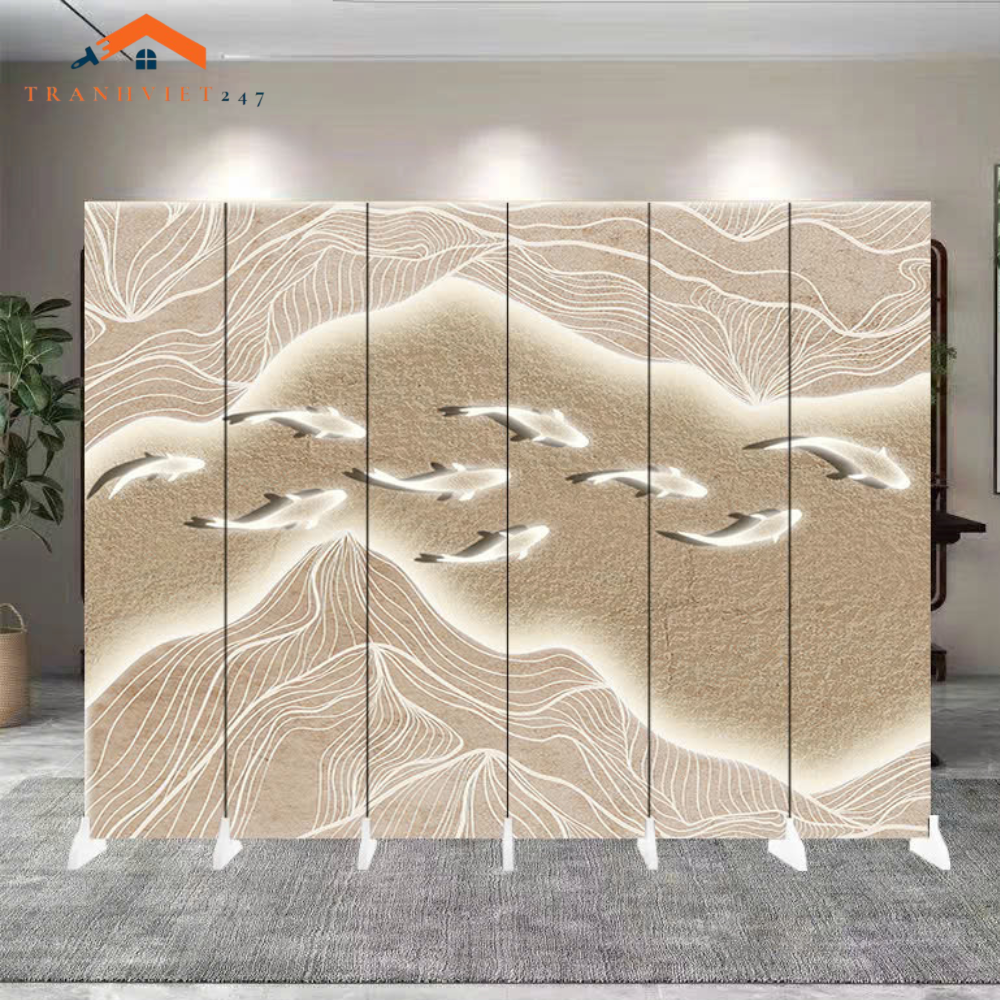 Vách ngăn bình phong hoạ tiết huơu phú quý  khung gỗ bọc vải canvas-Tranhviet247