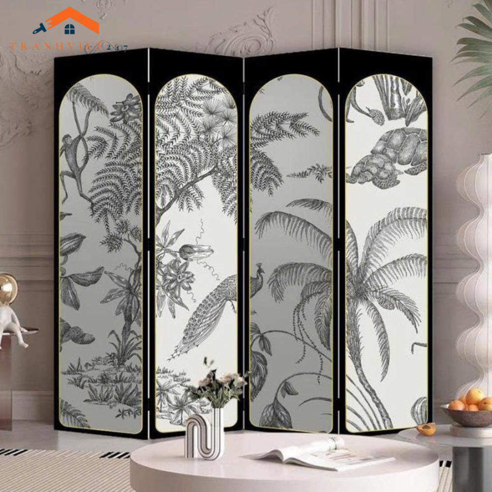 Bộ 4tấm vách ngăn bình phong hoạ tiết bắt mắt in  2 mặt khung gỗ bọc vải canvas - Tranhviet247
