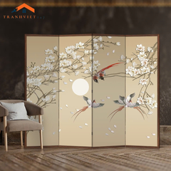 Bộ 4 tấm vách ngăn bình phong hoạ tiết hoa và chim in 2mặt -Tranhviet247