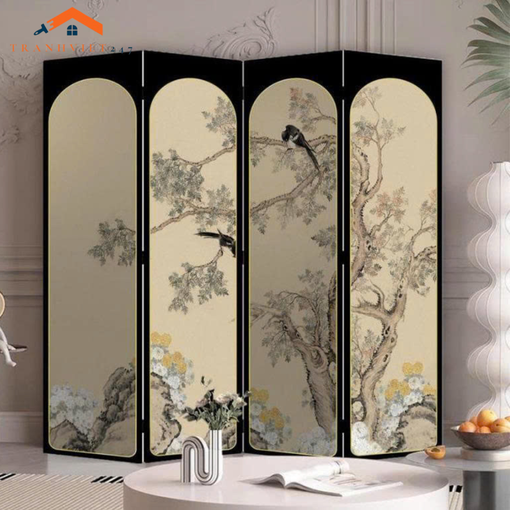 Bộ 4tấm vách ngăn bình phong hoạ tiết bắt mắt in  2 mặt khung gỗ bọc vải canvas - Tranhviet247