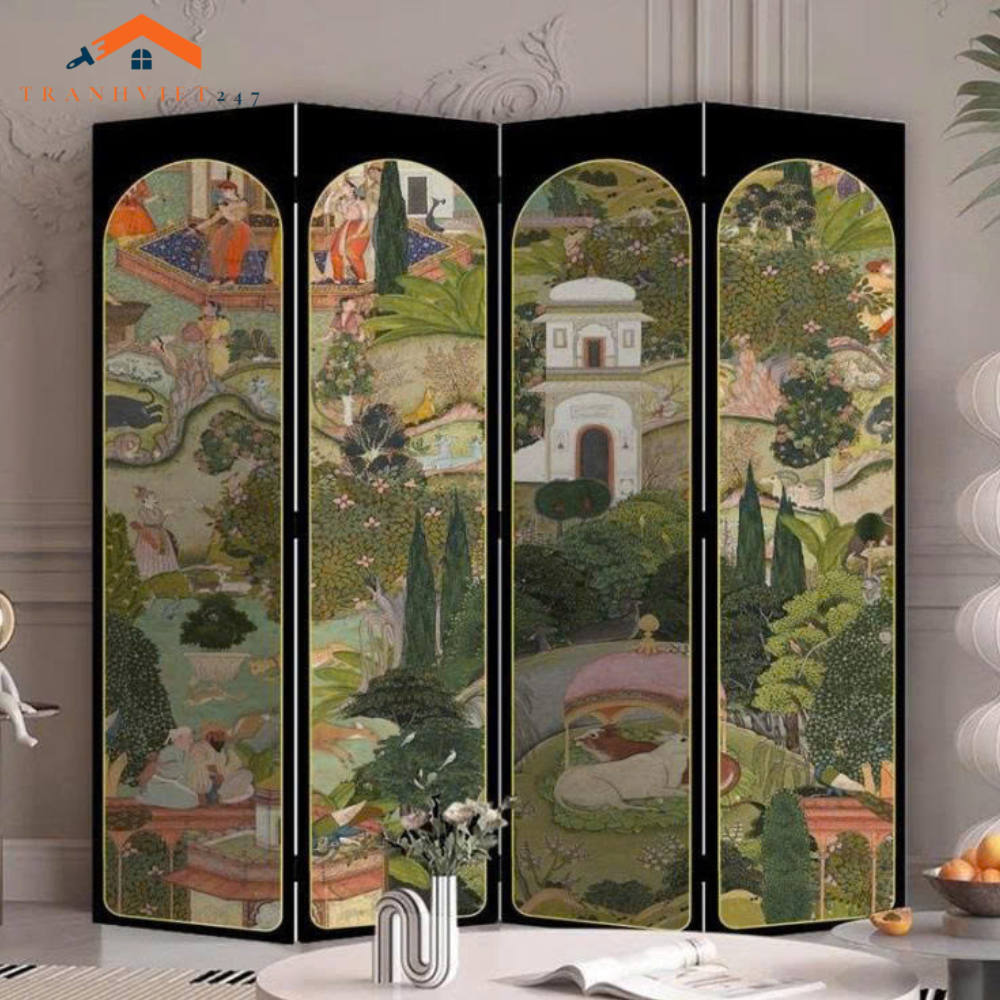 Bộ 4tấm vách ngăn bình phong hoạ tiết bắt mắt in  2 mặt khung gỗ bọc vải canvas - Tranhviet247