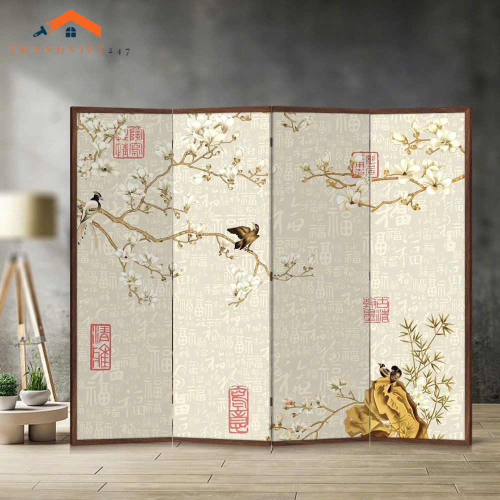 Bộ 4 tấm vách ngăn bình phong hoạ tiết hoa và chim in 2mặt -Tranhviet247