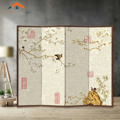Bộ 4 tấm vách ngăn bình phong hoạ tiết hoa và chim in 2mặt -Tranhviet247