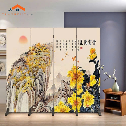 Bộ 4 tấm vách ngăn bình phong hoạ tiết hoa và chim in 2mặt -Tranhviet247