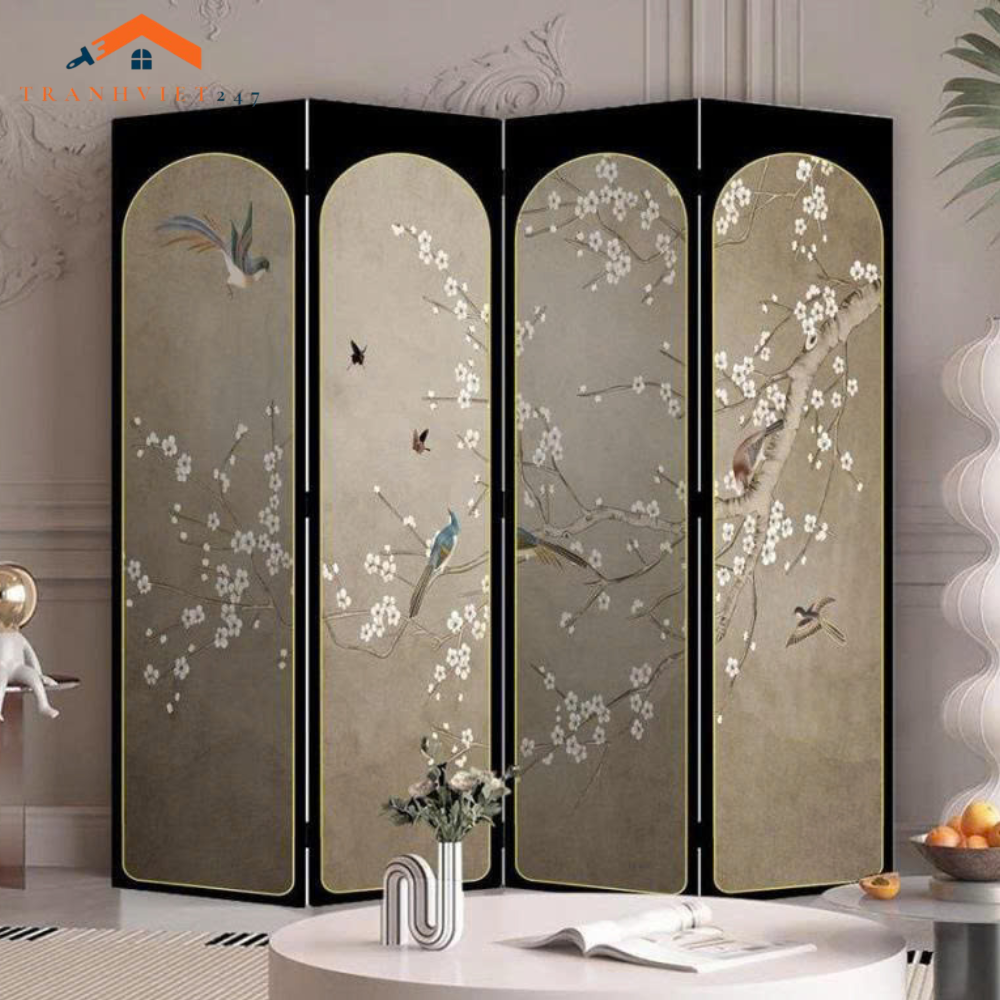Bộ 4tấm vách ngăn bình phong hoạ tiết bắt mắt in  2 mặt khung gỗ bọc vải canvas - Tranhviet247