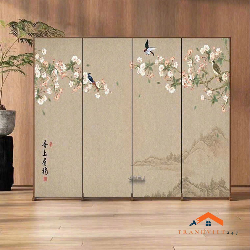Bộ 4 tấm vách ngăn bình phong hoạ tiết hoa và chim in 2mặt -Tranhviet247