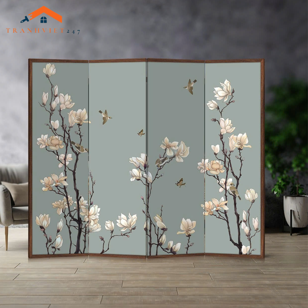 Bộ 4 tấm vách ngăn bình phong hoạ tiết hoa và chim in 2mặt -Tranhviet247
