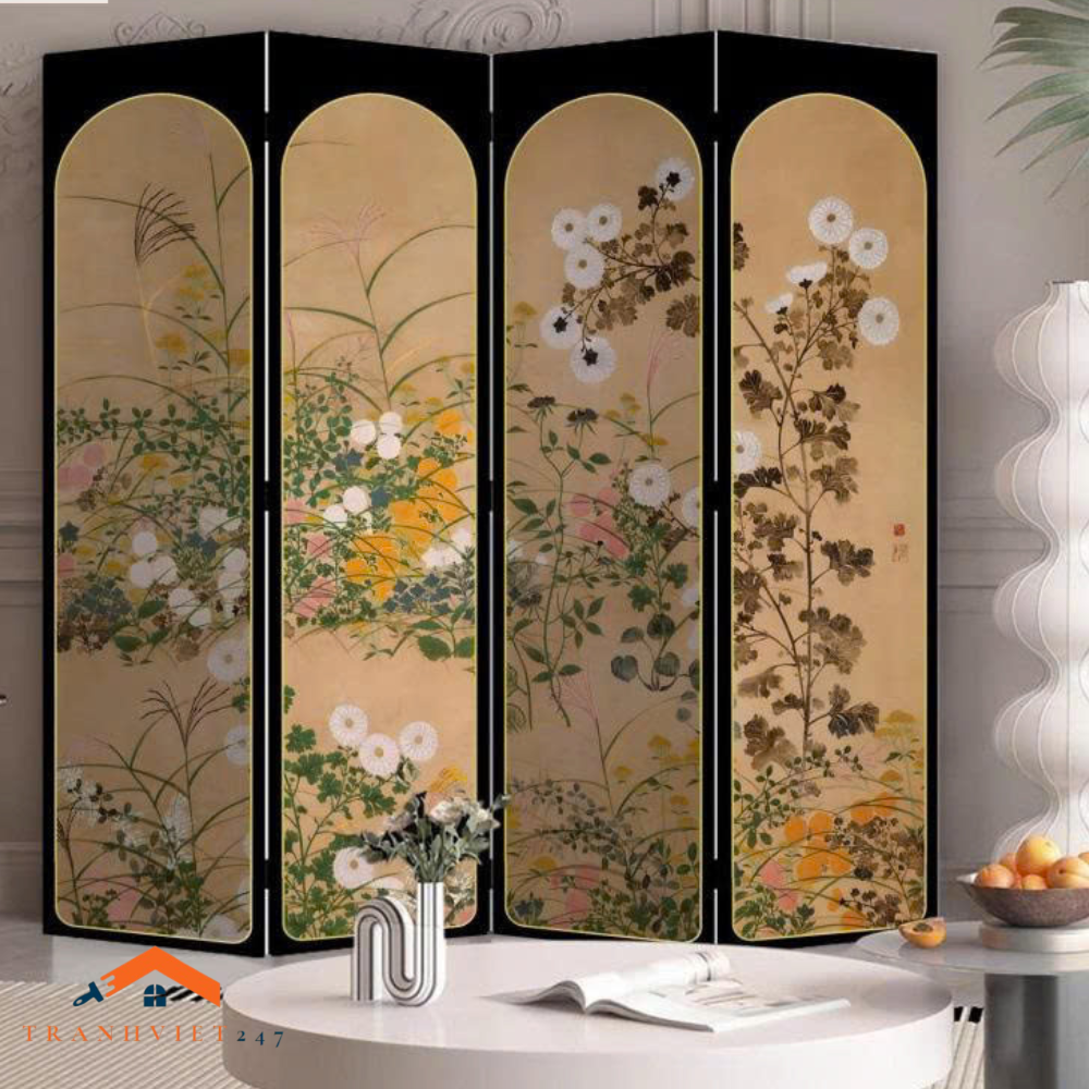Bộ 4tấm vách ngăn bình phong hoạ tiết bắt mắt in  2 mặt khung gỗ bọc vải canvas - Tranhviet247
