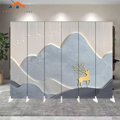 Vách ngăn bình phong hoạ tiết huơu phú quý  khung gỗ bọc vải canvas-Tranhviet247