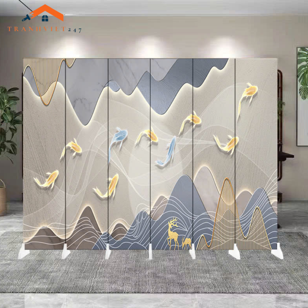 Vách ngăn bình phong hoạ tiết huơu phú quý  khung gỗ bọc vải canvas-Tranhviet247