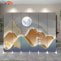 Vách ngăn bình phong hoạ tiết huơu phú quý  khung gỗ bọc vải canvas-Tranhviet247