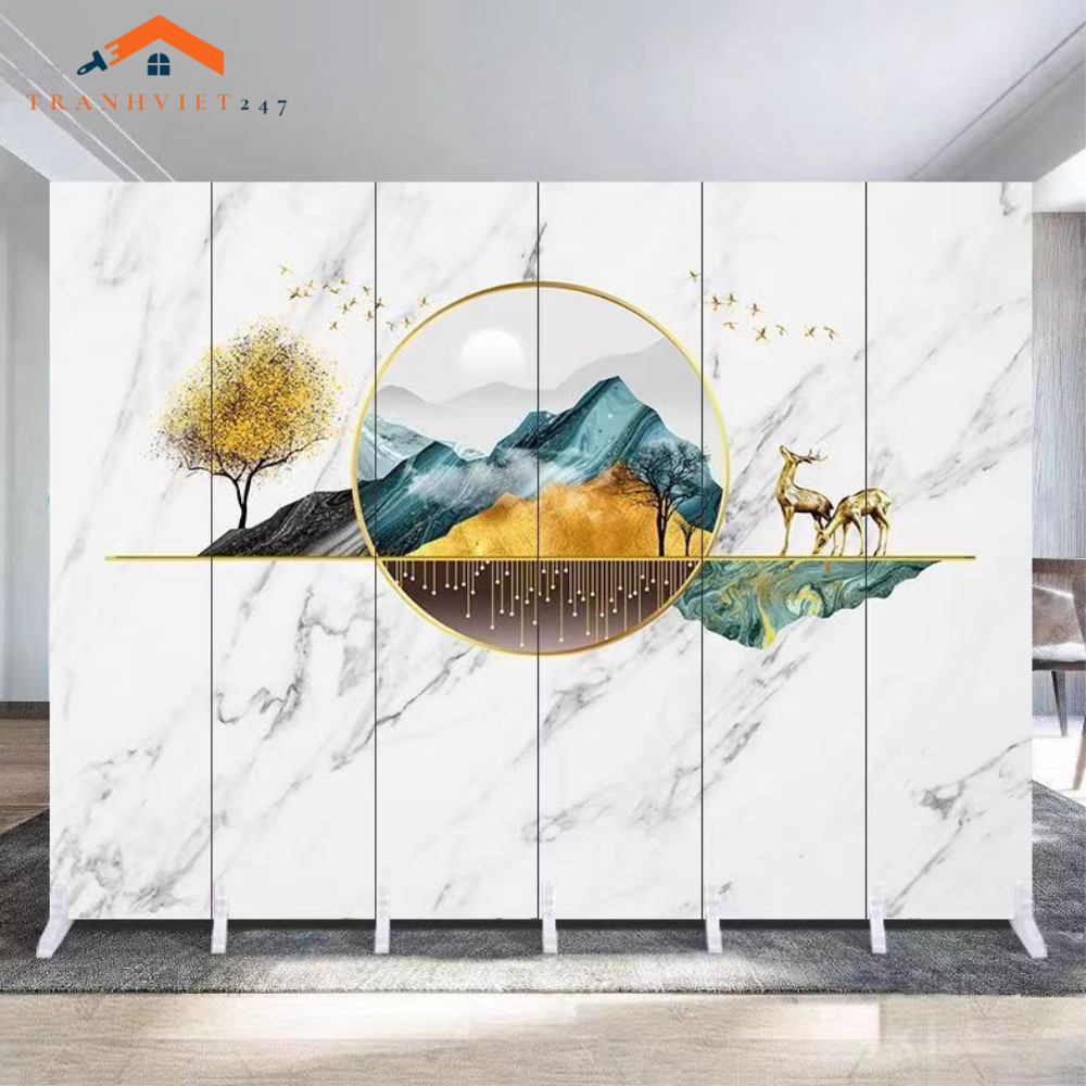 Vách ngăn bình phong hoạ tiết huơu phú quý  khung gỗ bọc vải canvas-Tranhviet247