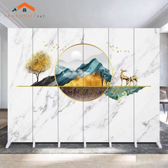 Vách ngăn bình phong hoạ tiết huơu phú quý  khung gỗ bọc vải canvas-Tranhviet247