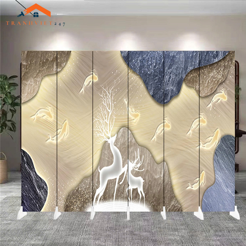 Vách ngăn bình phong hoạ tiết huơu phú quý  khung gỗ bọc vải canvas-Tranhviet247