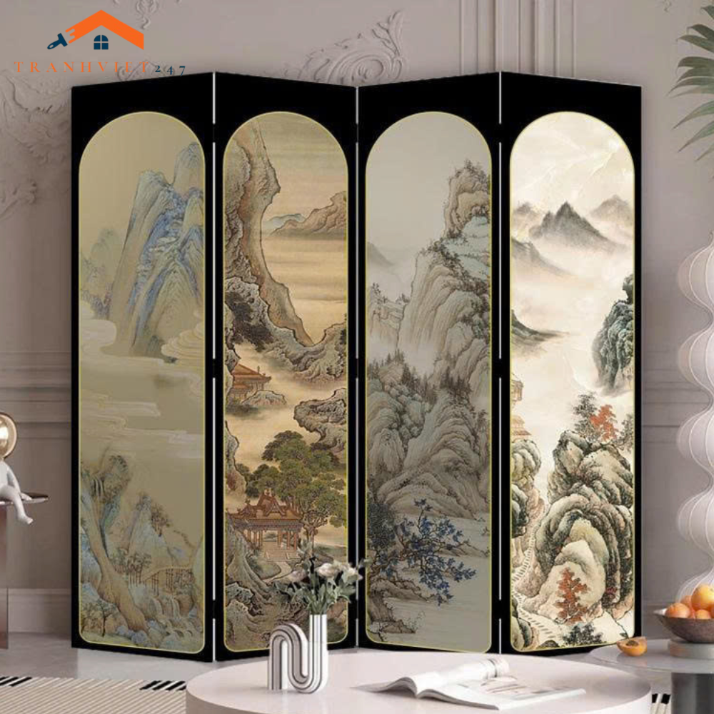 Bộ 4tấm vách ngăn bình phong hoạ tiết bắt mắt in  2 mặt khung gỗ bọc vải canvas - Tranhviet247