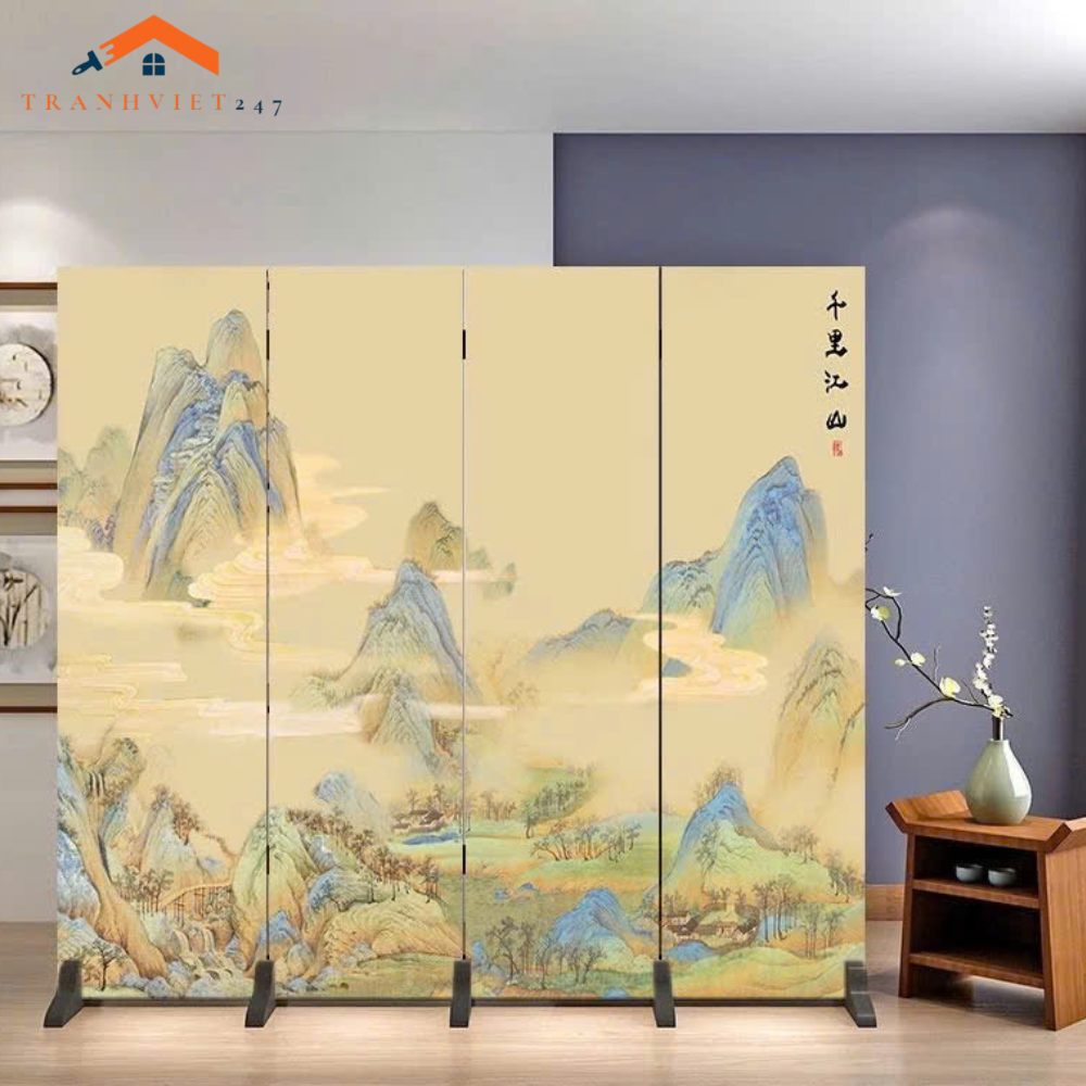 Bộ 4 tấm vách ngăn bình phong hoạ tiết hoa và chim in 2mặt -Tranhviet247