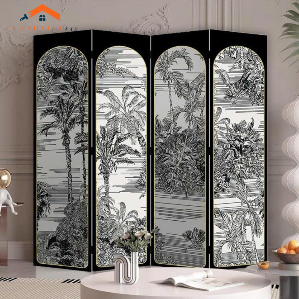 Bộ 4tấm vách ngăn bình phong hoạ tiết bắt mắt in  2 mặt khung gỗ bọc vải canvas - Tranhviet247