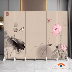 Bộ 6tấm vách ngăn bình phong hoạ tiết hoa sen  2mặt khung gỗ bọc vải canvas dày dặn- Tranhviet247