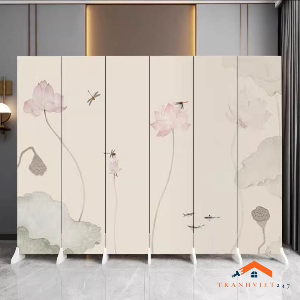 Bộ 6tấm vách ngăn bình phong hoạ tiết hoa sen  2mặt khung gỗ bọc vải canvas dày dặn- Tranhviet247