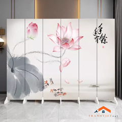 Bộ 6tấm vách ngăn bình phong hoạ tiết hoa sen  2mặt khung gỗ bọc vải canvas dày dặn- Tranhviet247