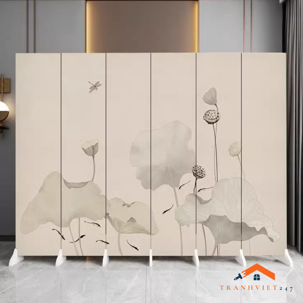 Bộ 6tấm vách ngăn bình phong hoạ tiết hoa sen  2mặt khung gỗ bọc vải canvas dày dặn- Tranhviet247