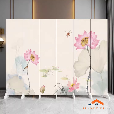Bộ 6tấm vách ngăn bình phong hoạ tiết hoa sen  2mặt khung gỗ bọc vải canvas dày dặn- Tranhviet247