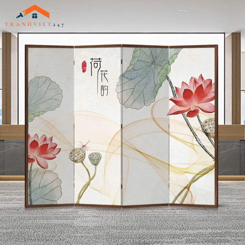 Bộ 4 tấm vách ngăn bình phong hoạ tiết hoa và chim in 2mặt -Tranhviet247