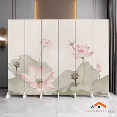 Bộ 6tấm vách ngăn bình phong hoạ tiết hoa sen  2mặt khung gỗ bọc vải canvas dày dặn- Tranhviet247