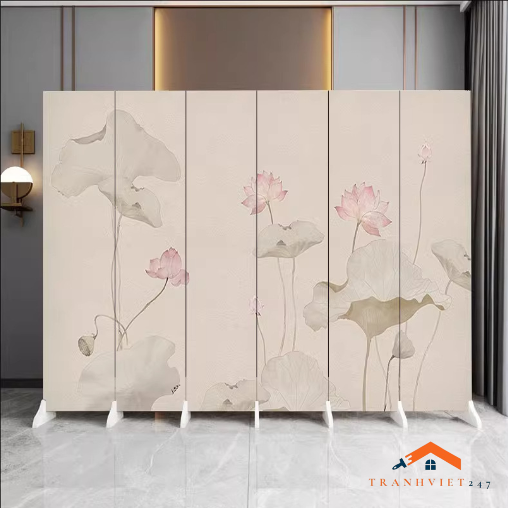 Bộ 6tấm vách ngăn bình phong hoạ tiết hoa sen  2mặt khung gỗ bọc vải canvas dày dặn- Tranhviet247