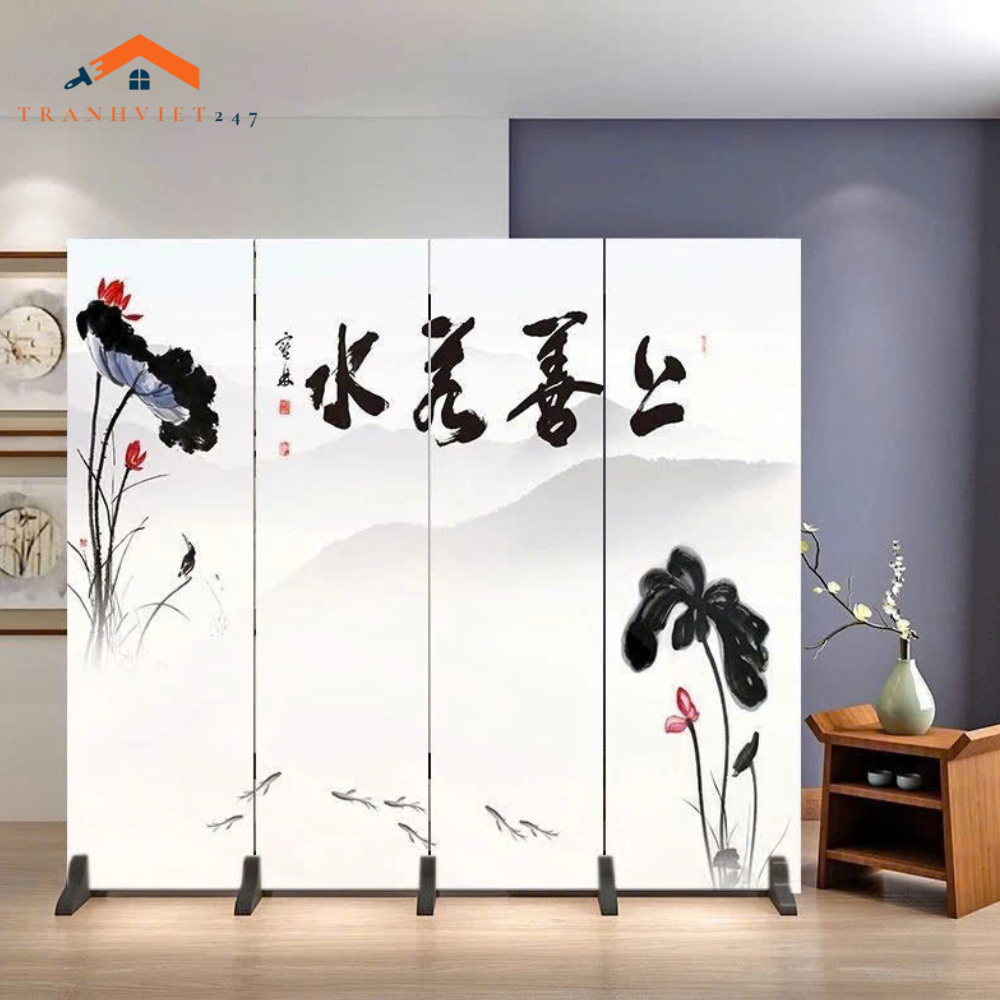 Bộ 4 tấm vách ngăn bình phong hoạ tiết hoa và chim in 2mặt -Tranhviet247