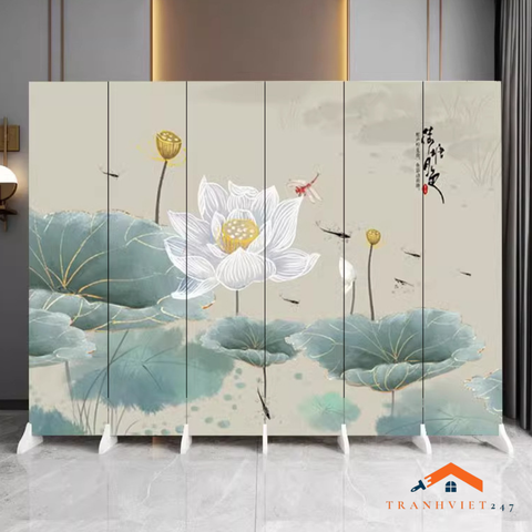 Bộ 6tấm vách ngăn bình phong hoạ tiết hoa sen  2mặt khung gỗ bọc vải canvas dày dặn- Tranhviet247