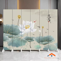 Bộ 6tấm vách ngăn bình phong hoạ tiết hoa sen  2mặt khung gỗ bọc vải canvas dày dặn- Tranhviet247